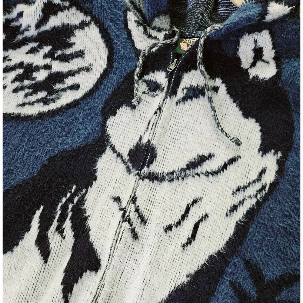 VTG GENESIS Blue Wolf Feather Hoodie Jacket Mens Large Full Zip Wool - Picture 4 of 11